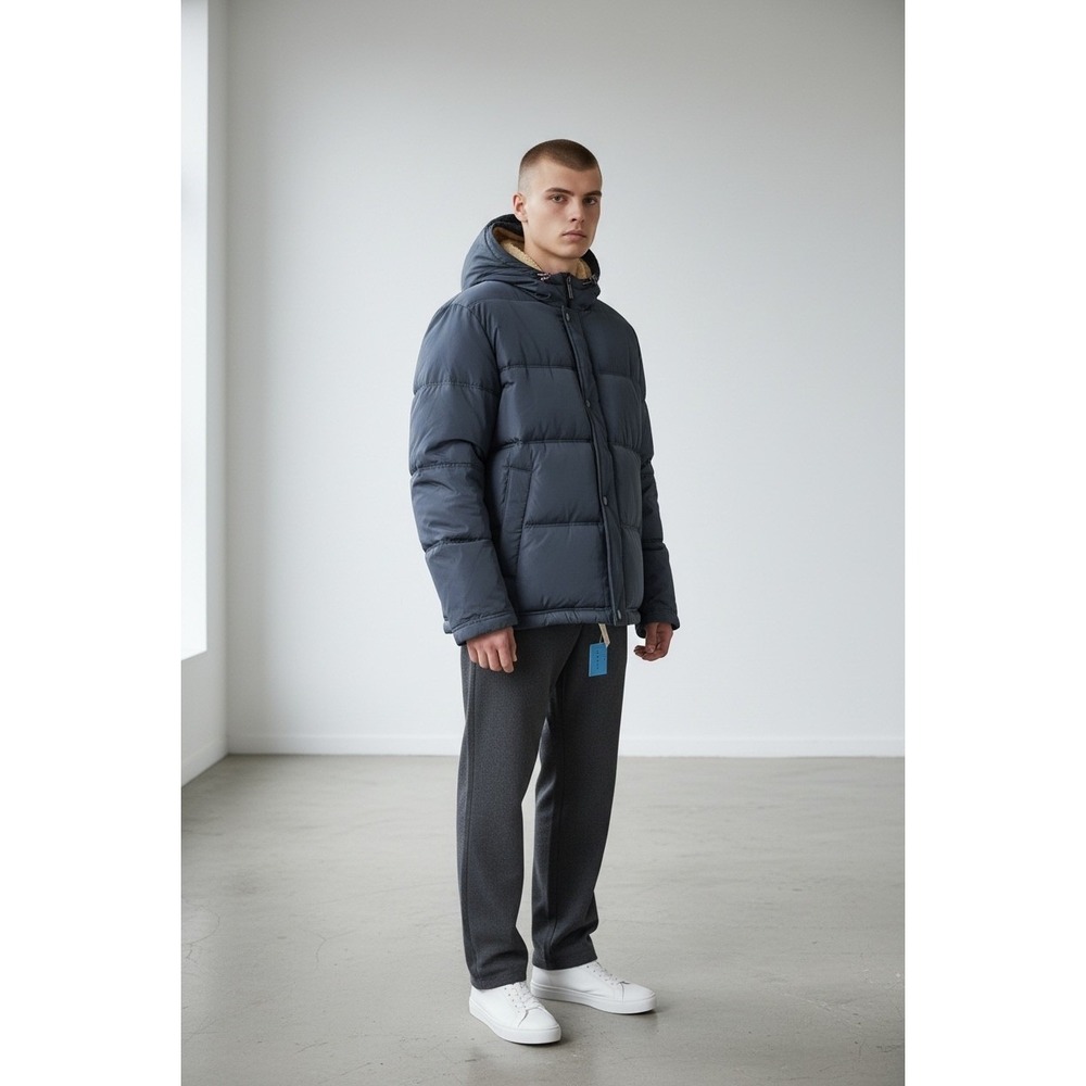London Fog Mens Puffer Jacket Navy Recycled Insulation Hooded Coat Large NWT